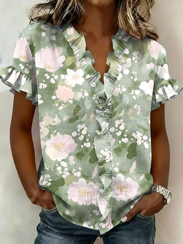 Women's Shirt Tunic Ruffle Floral Graphic Elegant Vintage