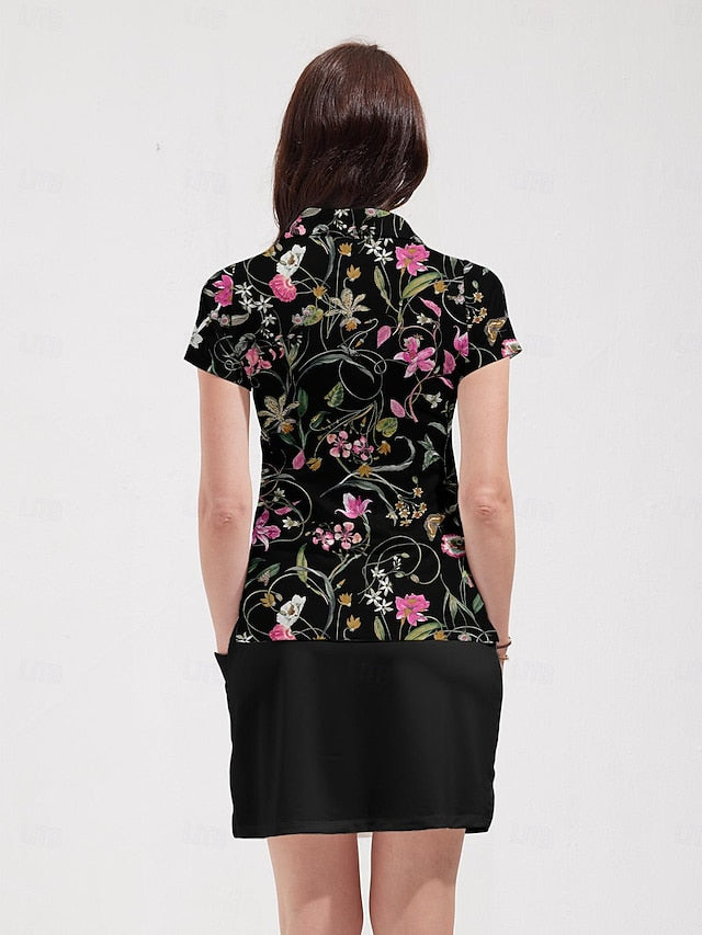 Women's Golf Polo Shirt Black Short Sleeve Top Floral