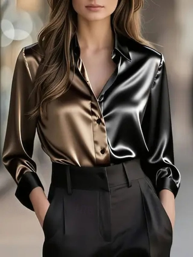 Women's Elegant Dressy Satin Top Blouse Buttons Plain