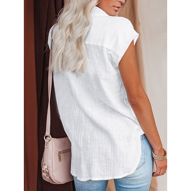Women's Shirt Button Down Blouse Solid Color Plain Basic