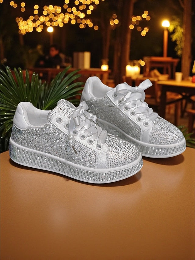 Rhinestone Lace-Up Glamorous Women's Sparkly Sneakers -