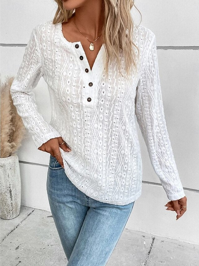 Women's Lace Splicing Top Blouse Lace Buttons Solid Color
