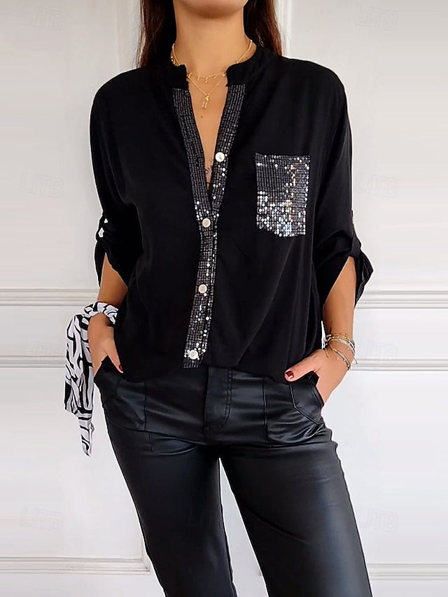 Women's Shirt Elegant Dressy Satin Top Sequins Patchwork