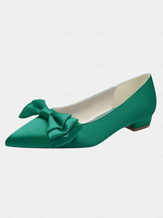 Women's Pointed Satin Bow Green - Flats Toe Elegant
