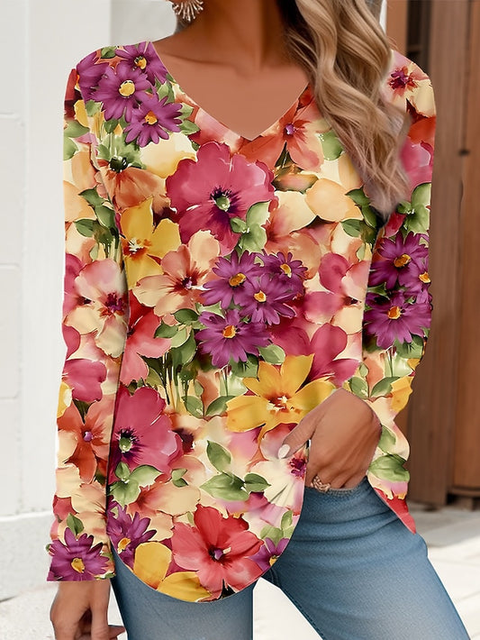 Women's T Shirt V Neck Long Sleeve Tunic Floral Basic Neon
