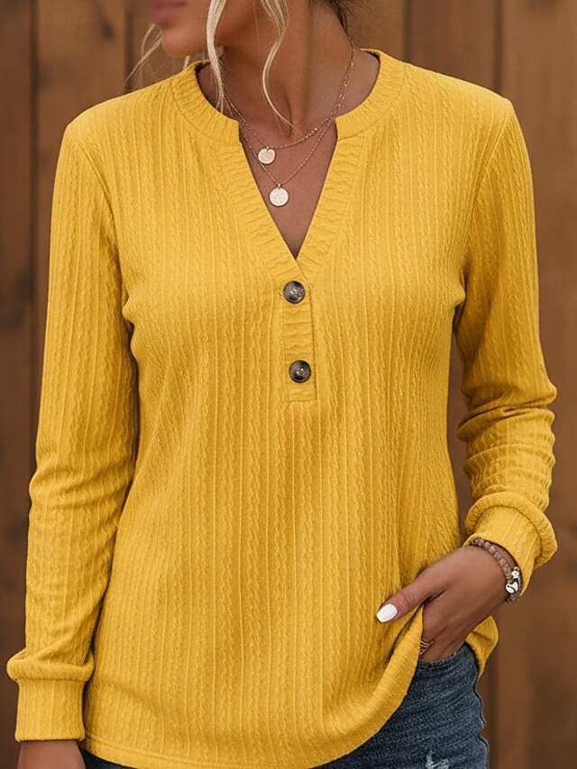 Women's T Shirt Tee Top Buttons Solid Color Elegant Fashion