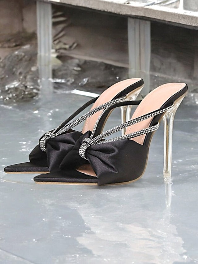 Hot Rhinestone Women's Satin Bow Heeled Sandals Pink –