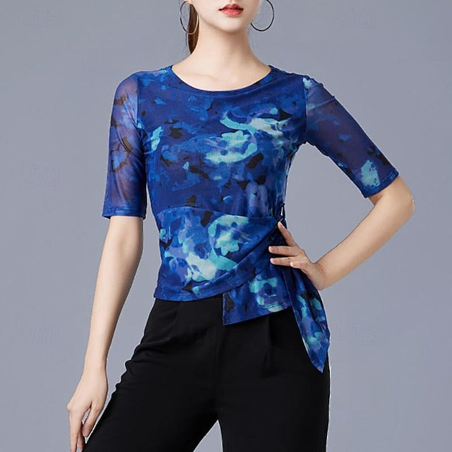 Latin Dance Ballroom Dance Top Printing Splicing Tulle