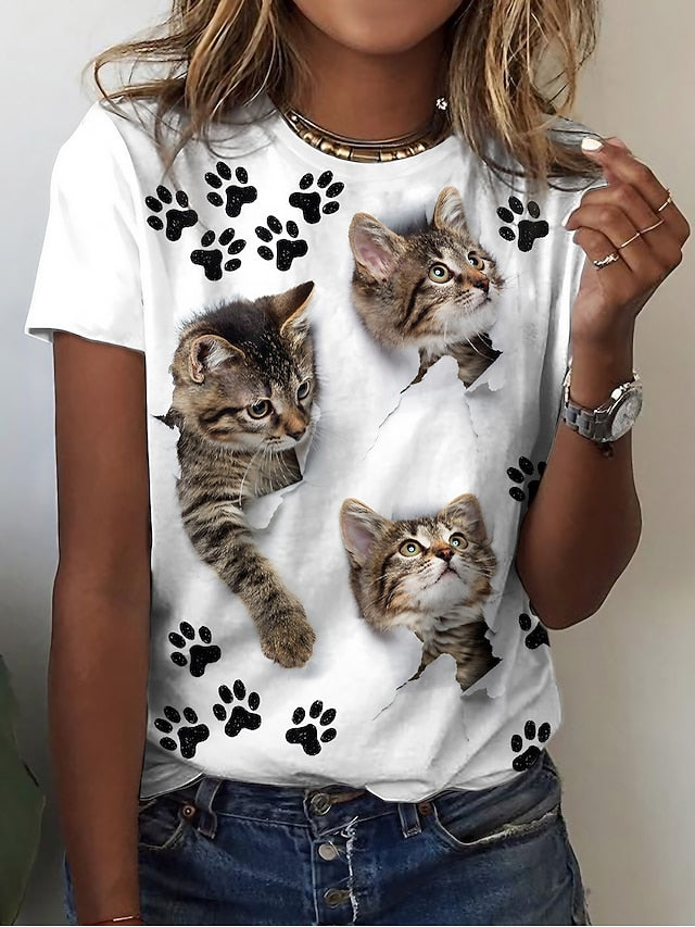 Women's T Shirt Basic Cat Print Short Sleeve Regular Tops