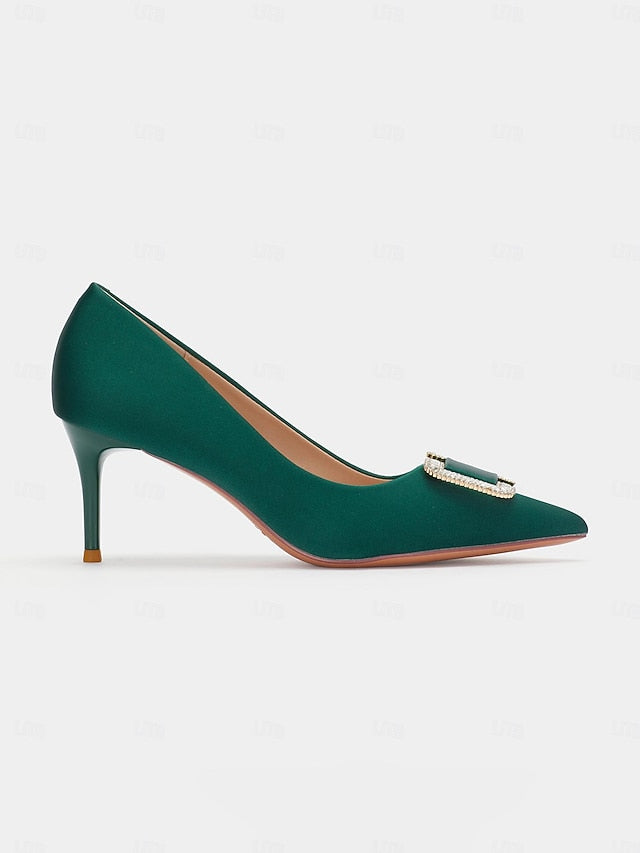 Women: for Pumps Satin Elegant Rhinestone with Buckle Green