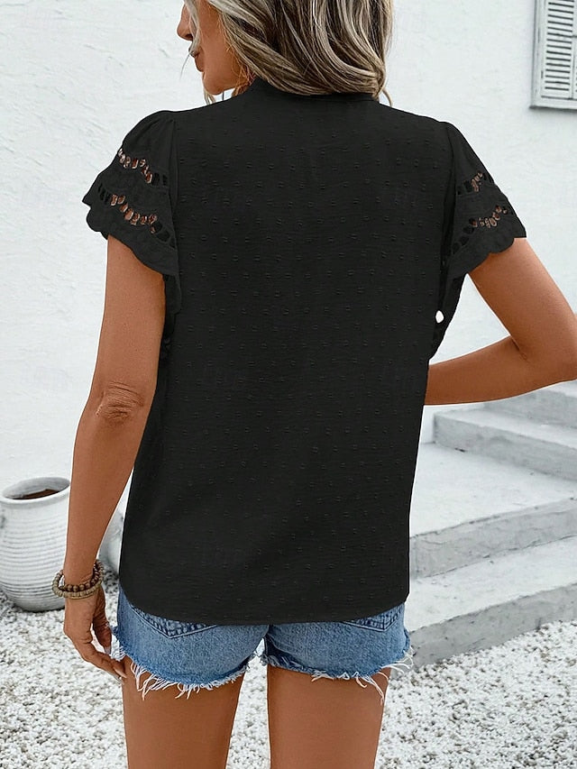 Women's Blouse Patchwork Eyelet Buttons Plain Stylish