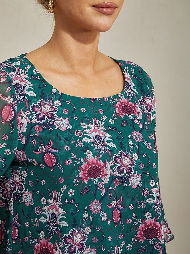 Women's Green Floral Print Sheer Flowy Chiffon Blouse