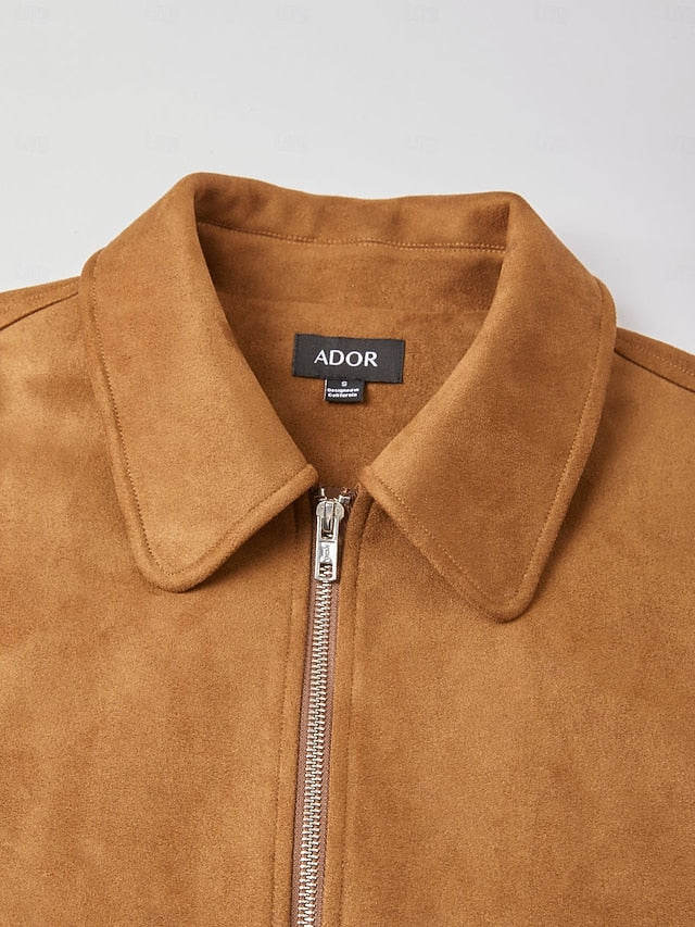 Women's Relaxed Faux Suede Zip Jacket Lapel Collar Ribbed