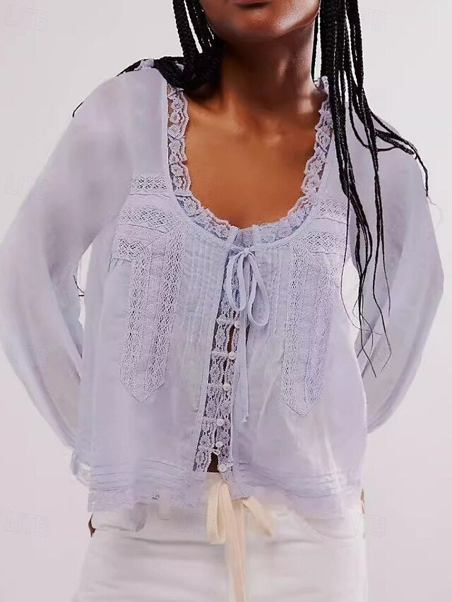 Women's Shirt Blouse Lace Tops Tie Front Lace Trim Plain