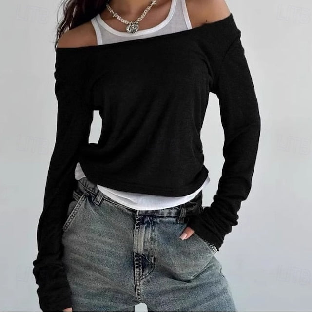 Women's T Shirt Double Layered Solid Color Stylish Hot