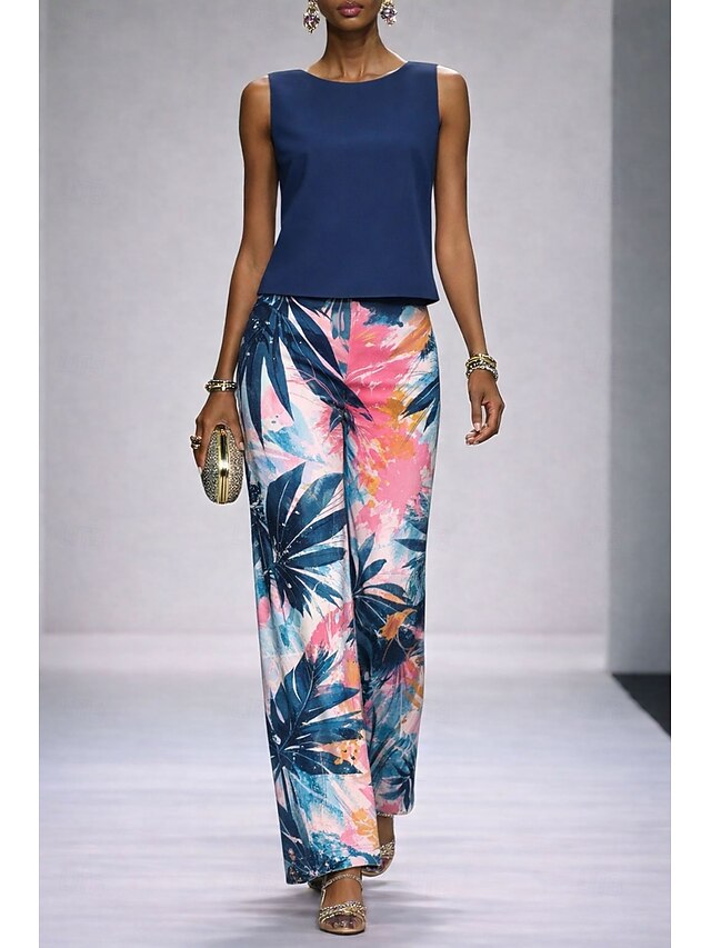 Women's Pants Sets Sleeveless Crew Neck Floral Graphic