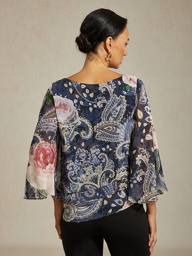 Women's Blouse Green Paisley Botanical Print Layered