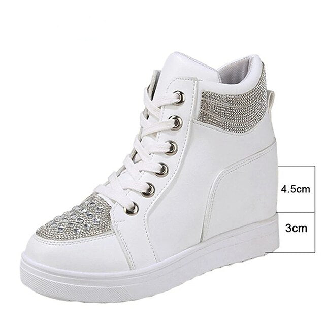 Women's White Rhinestone Wedge Sneakers – Faux Leather