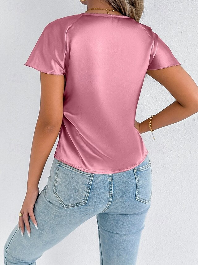 Women's Satin T Shirt Elegant Stylish Short Sleeve Ruffle