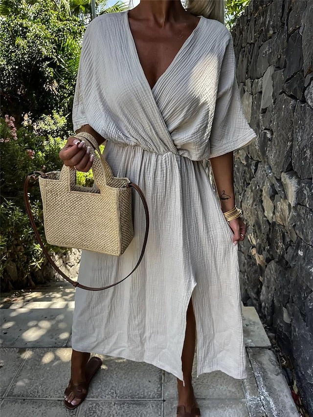 Women's Black White Apricot Summer Spring Midi Dress Faux