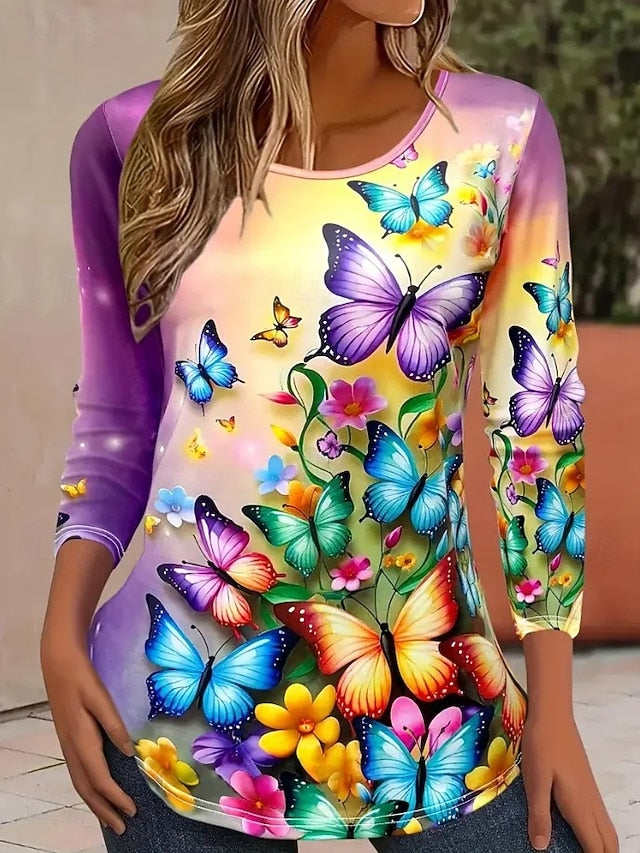 Women's T shirt Crew Neck Long Sleeve Tunic Floral Graphic