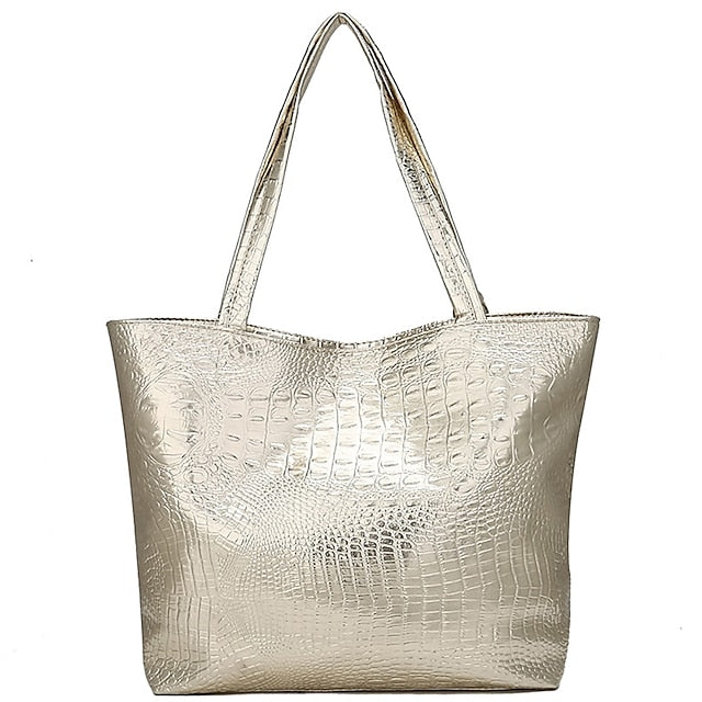 Tasche Faux Große Tote Geprägte Damen Kroko Silber | Kapazität