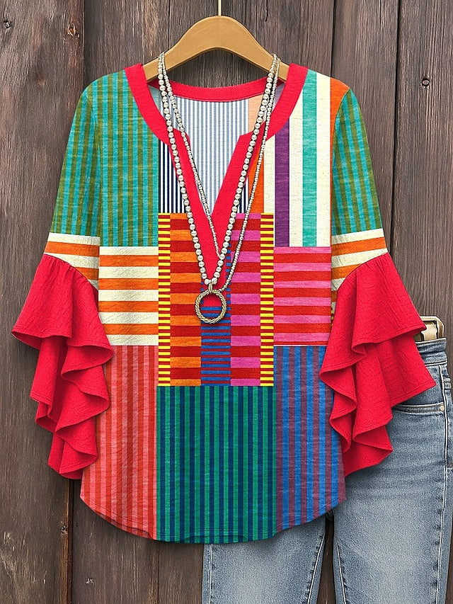 Women's Blouse V Neck Graphic Geometric Striped Elegant