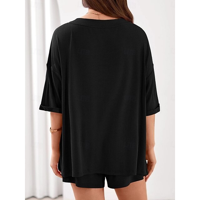 Women's Shorts Sets 3/4 Length Sleeve V Neck Solid Color