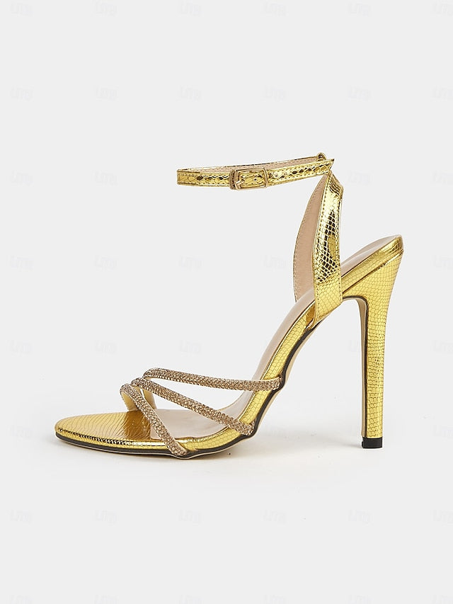 Rhinestone-Embellished Women Sandals for Stiletto Open-Toe Gold