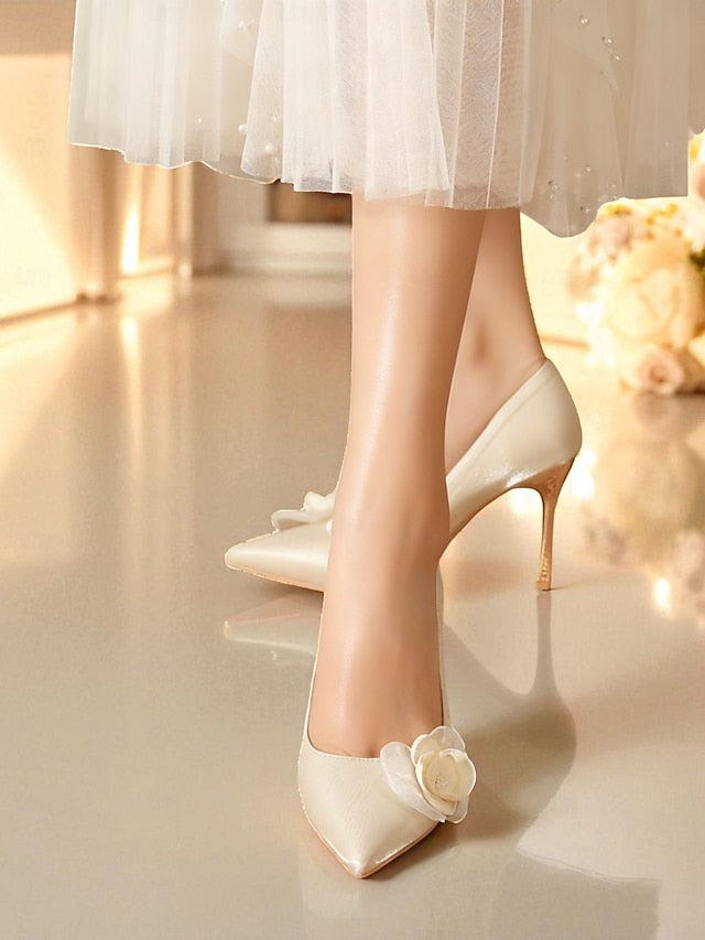 Floral Pointed Heels Wedding Satin Elegant - Women's Ivory