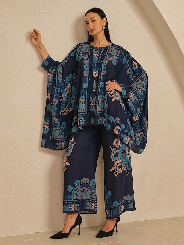 Women's Wide Leg Pants Chiffon Ethnic Floral Hawaiian Print