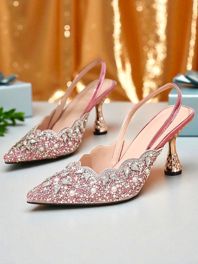 Toe Party - Rhinestone Heels Pointed Women's Slingback Pink