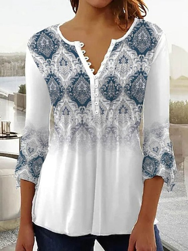 Women's T Shirt Basic Floral Buttons Print 3/4 Length