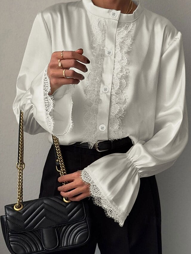 Women's Shirt Elegant Satin Top Blouse Patchwork Lace Trim