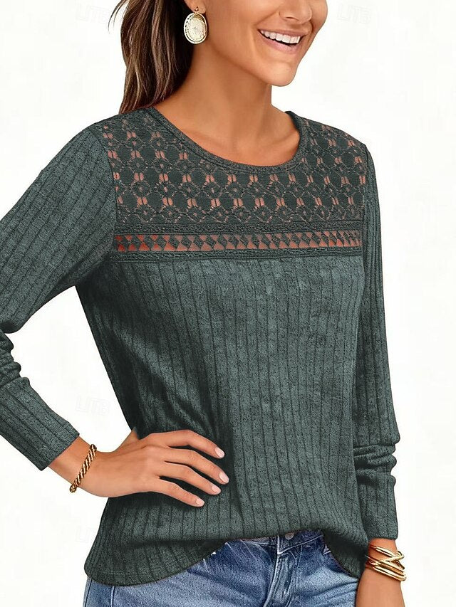 Women's Ribbed Knit Tops T Shirt Eyelet Vintage Casual Long