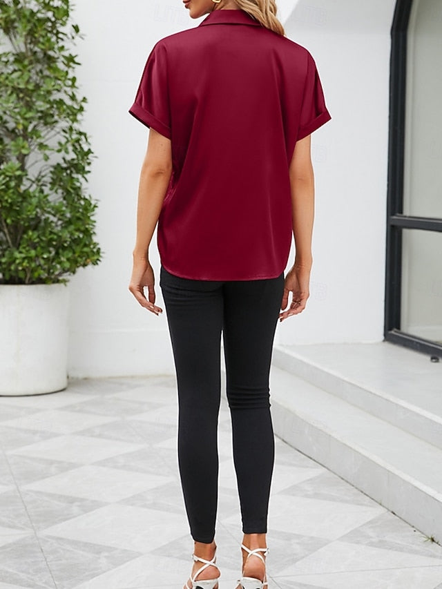 Women's Shirt Elegant Dressy Satin Top Buttons Solid Color