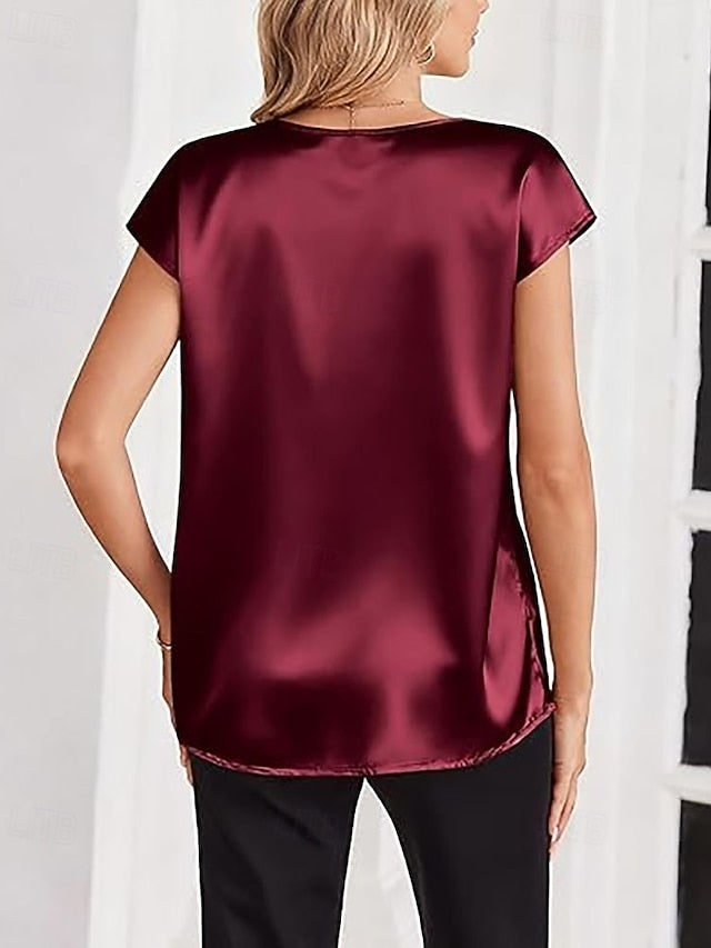 Women's Satin Shirt Blouse Patchwork Plain Elegant Vintage