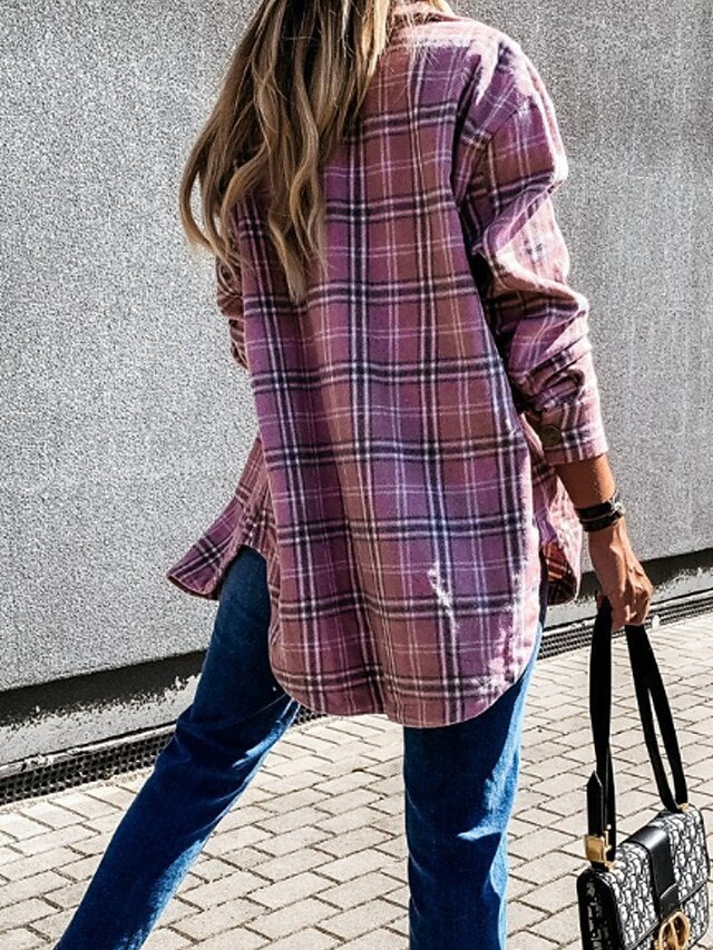 Women's Shirt Blouse Pocket Buttons Plaid Stylish Long