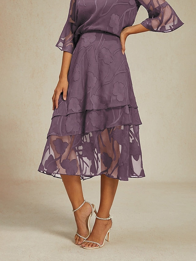 Women's Elegant Midi Mid Waist Skirts Floral Layered Floral