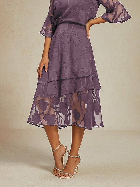 Women's Elegant Midi Mid Waist Skirts Floral Layered Floral