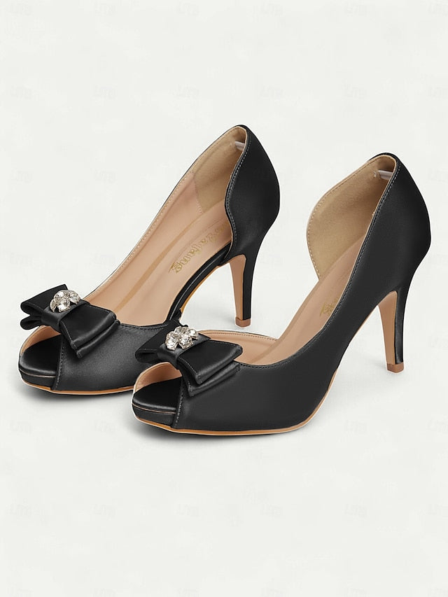 Satin Peep Toe with Heels Women's and Champagne Bow