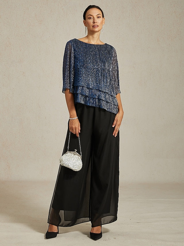 Women's Blouse Chiffon Tops Pleated Layered Metallic