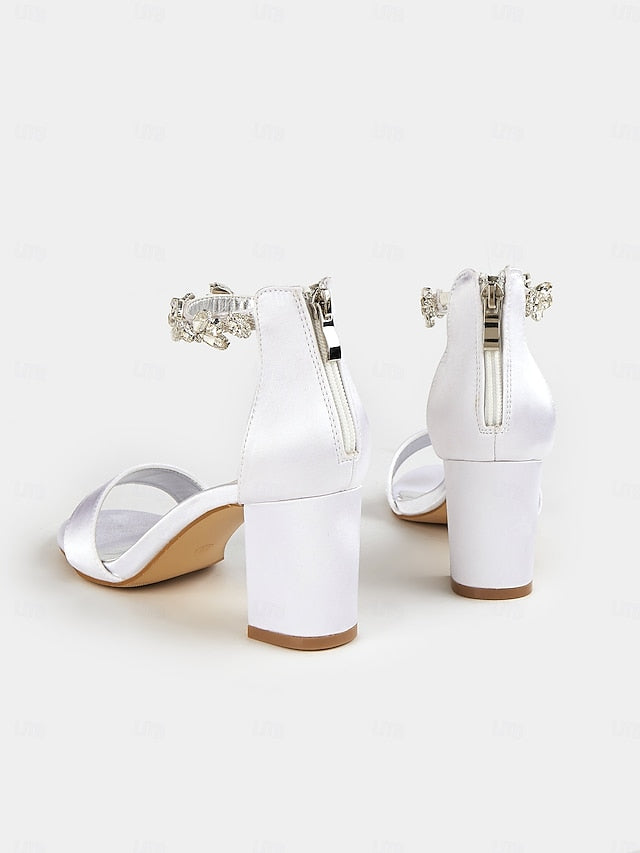 Heel White Sandals Ankle Block Satin Bridal with Strap Floral