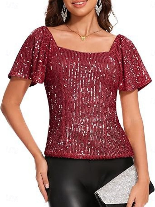 Women's Dress Shirt Blouse Sequin Tops Glitter Solid Color