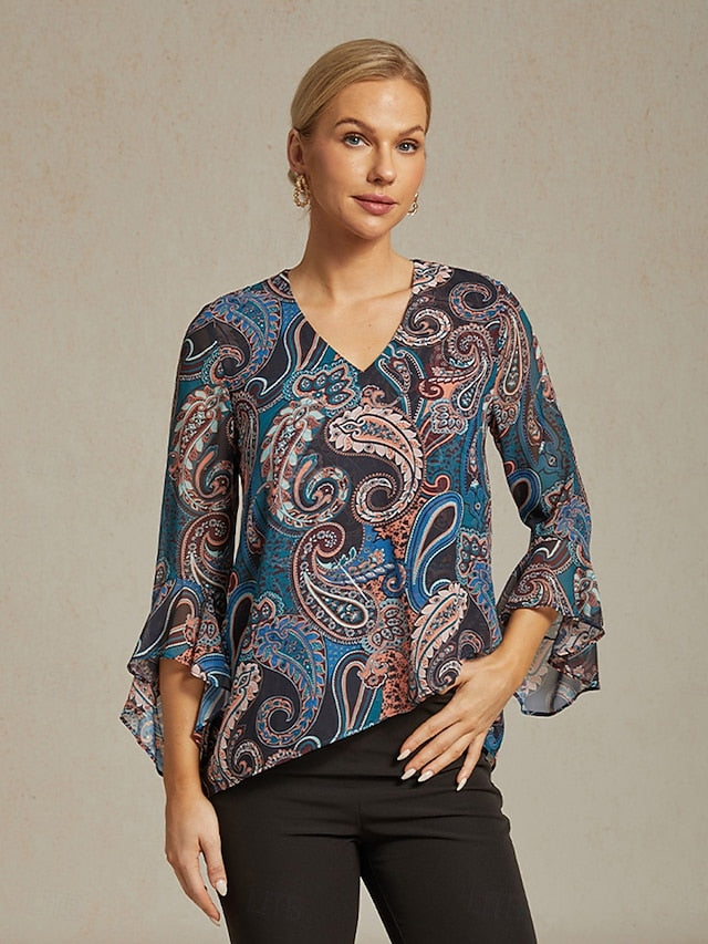 Women's Boho Shirt Blouse Ruffle Paisley Vintage Stylish