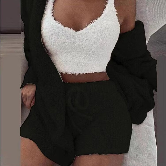Warm Fuzzy Pajama Set 3PCS Long Sleeve Hooded Robe & Tank
