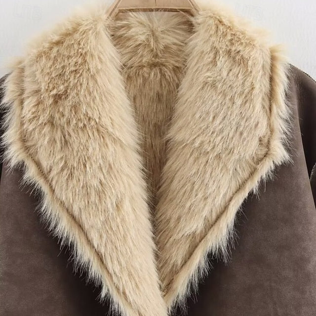 Fur Buttons Pocket Faux Coat Comfortable Warm Women's