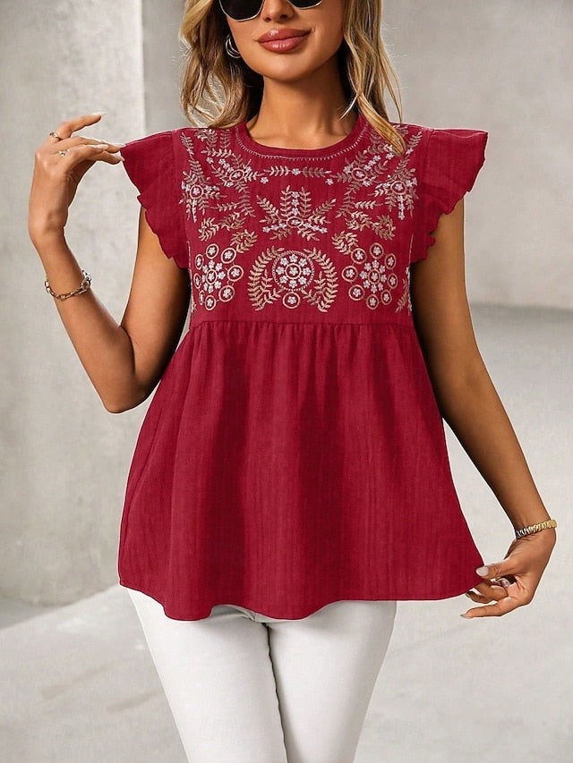 Women's T Shirt Tee Top Embroidered Floral Bohemia Vintage