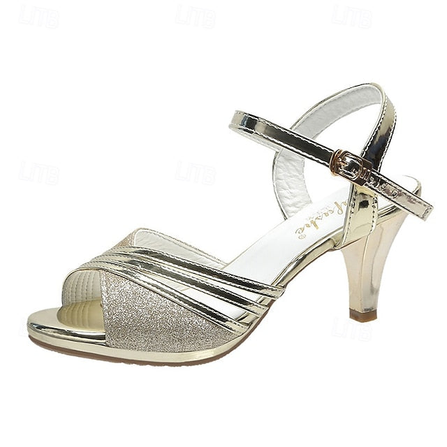 Sandals Silver - Heel Mid Women's Straps Glitter with