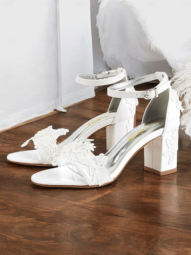 White Ankle Strap Lace for Bridal - Open-Toe Women Heels with